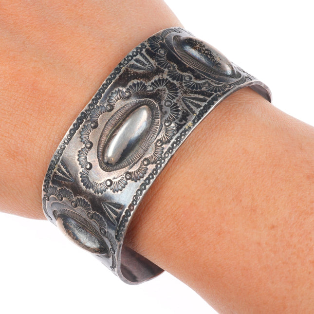 6.6" Vintage Navajo heavy stamped/repousse  sterling silver wide cuff bracelet