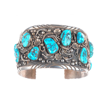 8.5" Huge Vintage Navajo sterling silver turquoise nugget cuff bracelet