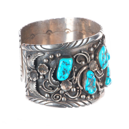 8.5" Huge Vintage Navajo sterling silver turquoise nugget cuff bracelet