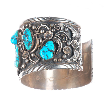 8.5" Huge Vintage Navajo sterling silver turquoise nugget cuff bracelet