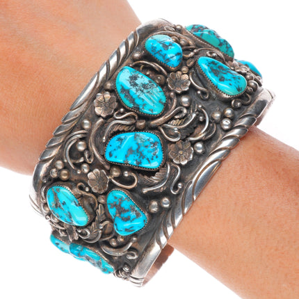 8.5" Huge Vintage Navajo sterling silver turquoise nugget cuff bracelet