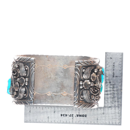8.5" Huge Vintage Navajo sterling silver turquoise nugget cuff bracelet