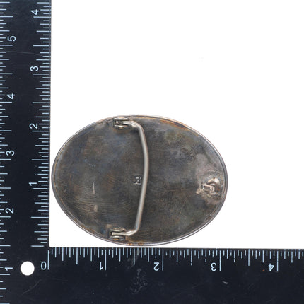 RM Vintage Navajo sterling silver belt buckle nice turquoise feather/blossom