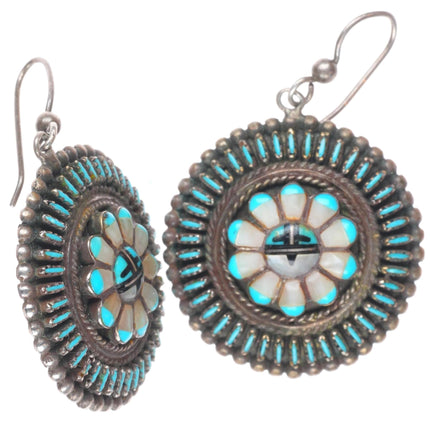 Vintage Zuni sterling silver needlepoint turquoise sunface inlay earrings
