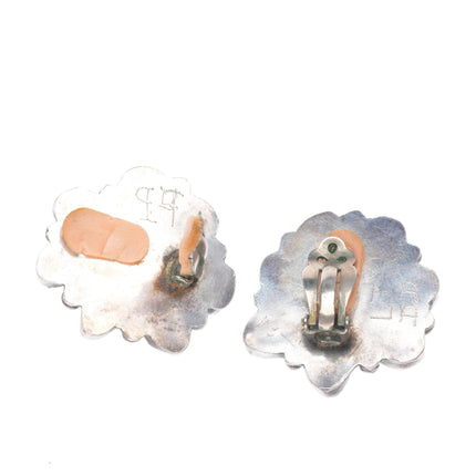 big Vintage high grade turquoise cluster Navajo sterling silver clip earrings