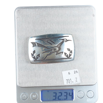 Bernard Dawahoya Hopi overlay roadrunner belt buckle sterling silver