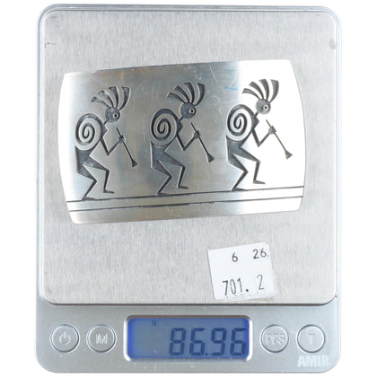 Ramon Dalangyawma Hopi Overlay Kokopelli dancers sterling silver belt buckle