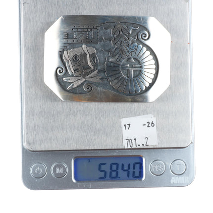 Gary-Elsie Yoyokie Hopi/Zuni sterling silver Kachina/korn figures belt buckle