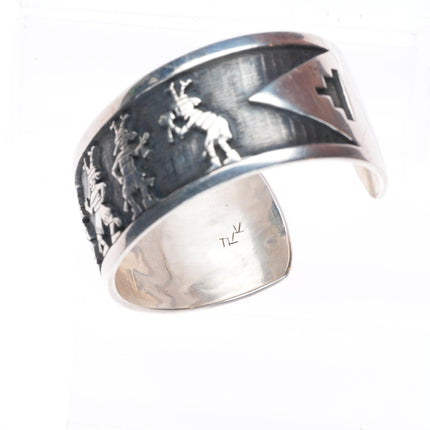 6.2" Ray & Dorothy Kyasyousie Hopi Overlay dancing kachinas cuff bracelet