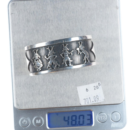 6.2" Ray & Dorothy Kyasyousie Hopi Overlay dancing kachinas cuff bracelet