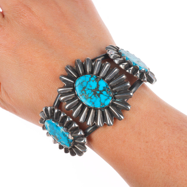 6.5" Vintage Navajo sterling silver spiderweb pyrite turquoise cuff bracelet