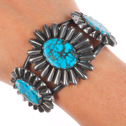 6.5" Vintage Navajo sterling silver spiderweb pyrite turquoise cuff bracelet