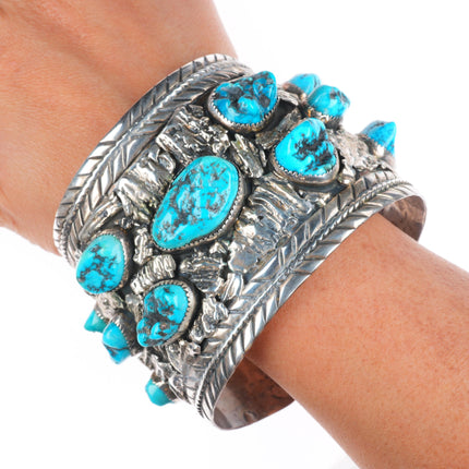 8" EGB Navajo sterling silver turquoise nugget huge men's cuff bracelet