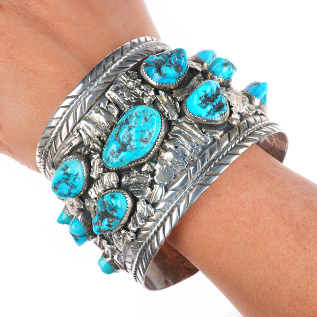 8" EGB Navajo sterling silver turquoise nugget huge men's cuff bracelet