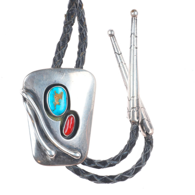 c1960 c-31 Vintage Navajo sterling silver turquoise/coral bolo tie