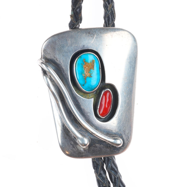 c1960 c-31 Vintage Navajo sterling silver turquoise/coral bolo tie