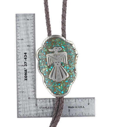 c1960 c-31 Navajo sterling silver turquoise chip inlay thunderbird bolo tie