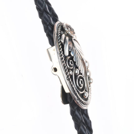 Vintage Sarah Curley Navajo sterling silver bolo tie with feather design