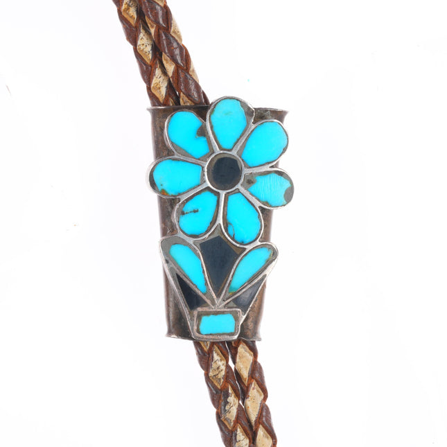 40's-50's Vintage Zuni sterling silver turquoise flush inlay flower bolo tie