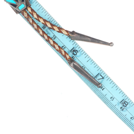 40's-50's Vintage Zuni sterling silver turquoise flush inlay flower bolo tie