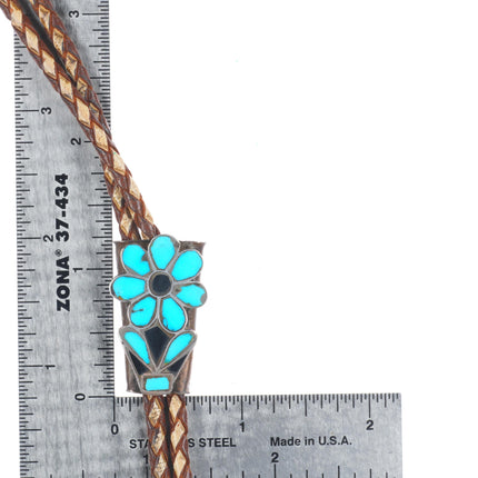 40's-50's Vintage Zuni sterling silver turquoise flush inlay flower bolo tie
