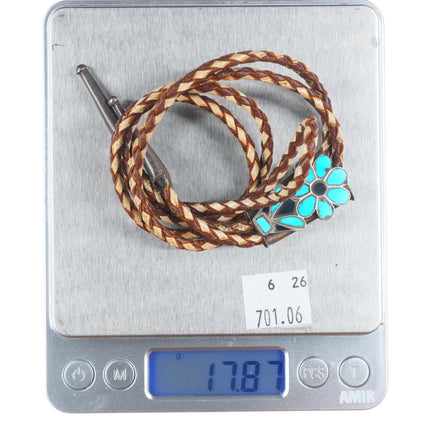 40's-50's Vintage Zuni sterling silver turquoise flush inlay flower bolo tie