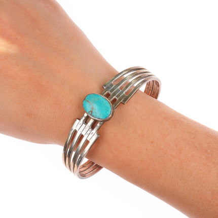7.5" Vintage Navajo sterling silver turquoise open band cuff bracelet