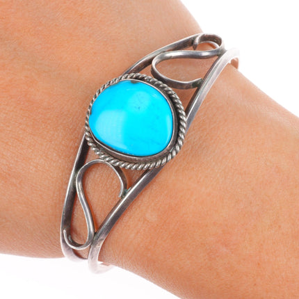 6.1" Vintage Navajo sterling silver turquoise rope bezel cuff bracelet