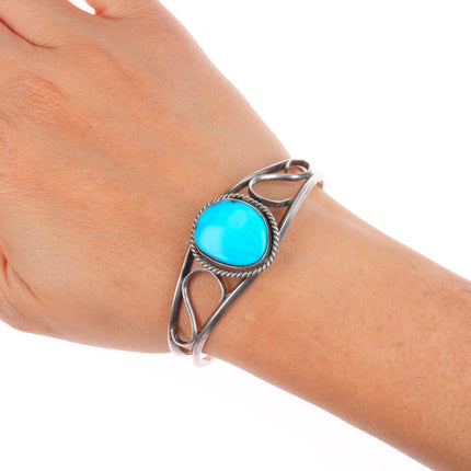 6.1" Vintage Navajo sterling silver turquoise rope bezel cuff bracelet