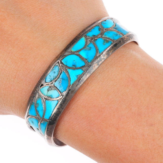 6" Vintage Zuni sterling silver fishscale turquoise inlay cuff bracelet