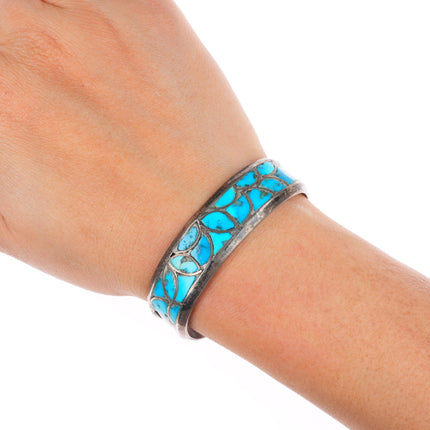 6" Vintage Zuni sterling silver fishscale turquoise inlay cuff bracelet