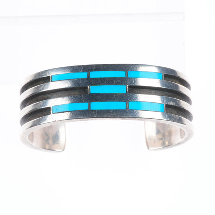 6.4" Kee Joe Benally Navajo sterling silver turquoise inlay cuff bracelet