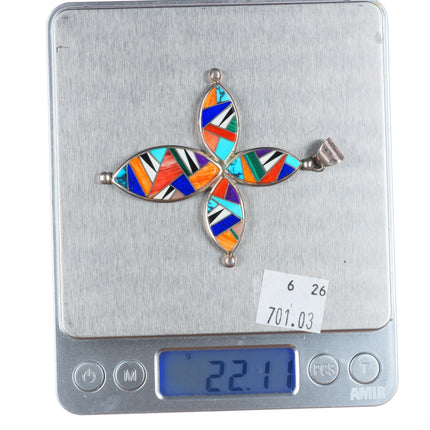 Betty Nez Navajo for Rick Tolina large sterling silver stone inlay cross pendant