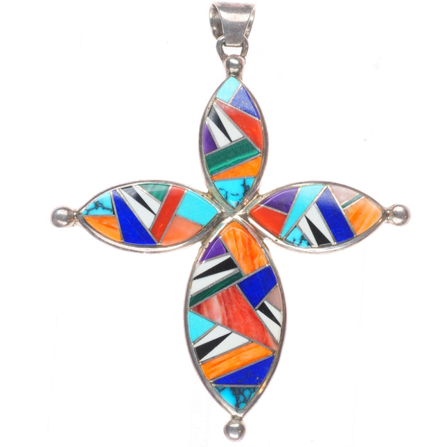 Betty Nez Navajo for Rick Tolina large sterling silver stone inlay cross pendant