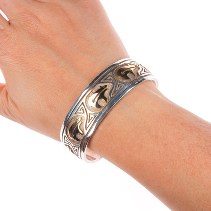 7.1" Hopi 14k gold/sterling silver heartline bear overlay style cuff bracelet