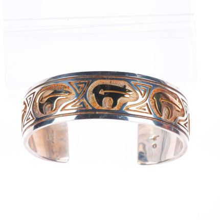 7.1" Hopi 14k gold/sterling silver heartline bear overlay style cuff bracelet