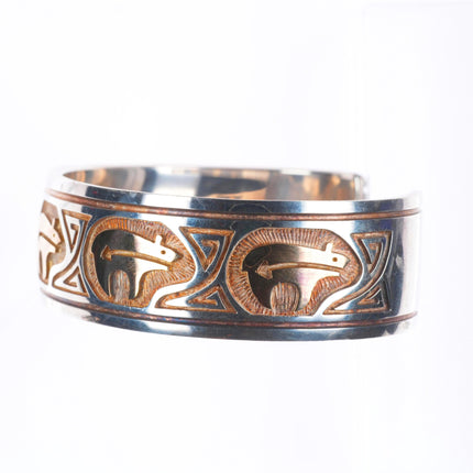 7.1" Hopi 14k gold/sterling silver heartline bear overlay style cuff bracelet