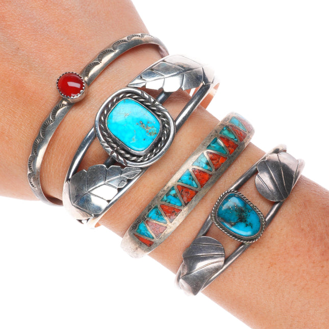 6.2" Vintage Navajo sterling silver turquoise/coral/chip inlay cuff bracelet lot