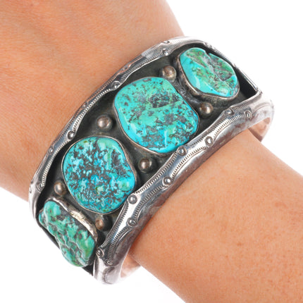 7.3" Ben Touchine Navajo wide sterling silver shadowbox turquoise cuff bracelet