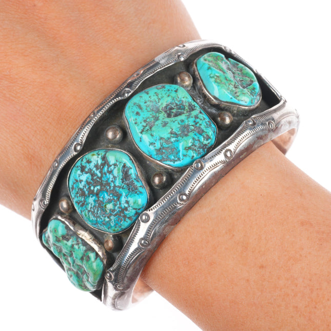 7.3" Ben Touchine Navajo wide sterling silver shadowbox turquoise cuff bracelet