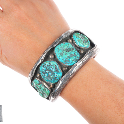 7.3" Ben Touchine Navajo wide sterling silver shadowbox turquoise cuff bracelet