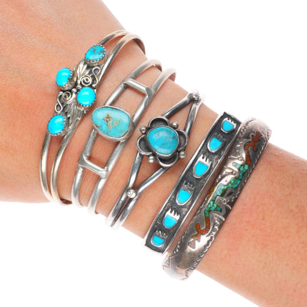 6.25" Vintage Navajo sterling silver turquoise/chip inlay cuff bracelet lot