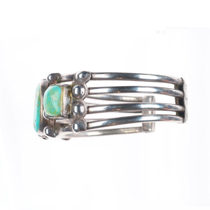 7.1" c1930's Navajo ingot silver 3 stone green turquoise cuff bracelet