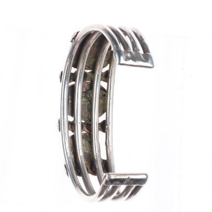 7.1" c1930's Navajo ingot silver 3 stone green turquoise cuff bracelet