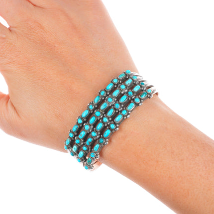 6.5" 30's-40's Zuni dot-dot-dash sterling silver turquoise row cuff bracelet