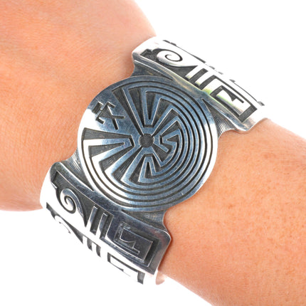 6.5" Harold Lomayaktewa Hopi overlay heavy sterling silver man in the maze cuff bracelet