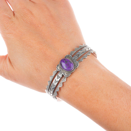 6.4" Vintage Navajo sterling silver sugilite deep stamped cuff bracelet