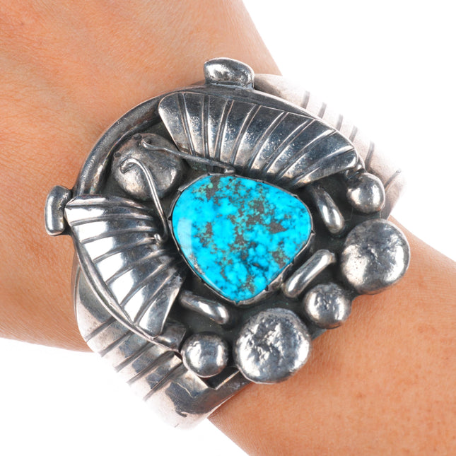 6.25" Big vintage Navajo sterling silver Morenci turquoise heavy cuff bracelet