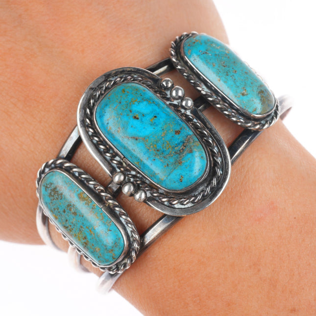 6.1" Vintage Navajo sterling silver 3 stone turquoise cuff bracelet