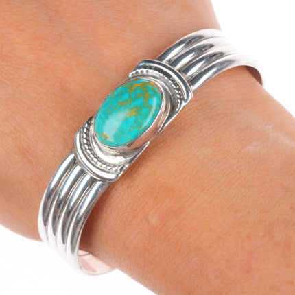 6.6" Vintage R Navajo sterling silver green waterweb turquoise cuff bracelet